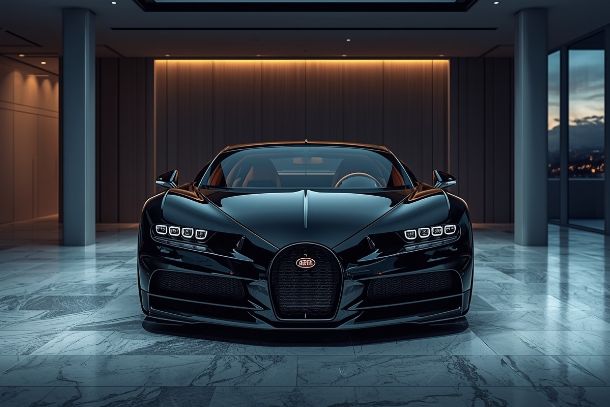 Bugatti hypercar noire de luxe exposée dans showroom prestigieux avec éclairage dramatique - voiture la plus chère du monde
