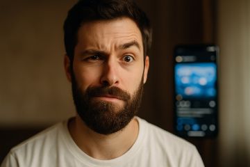 Jeune homme barbu surpris découvrant un mythe viral sur les réseaux sociaux concernant la pousse de la barbe