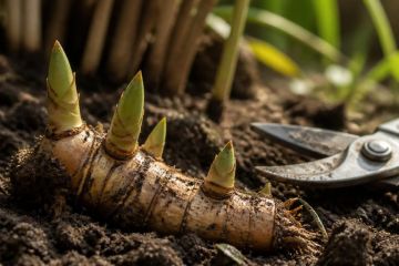 Rhizome de bambou coupé posé sur une terre humide avec un sécateur