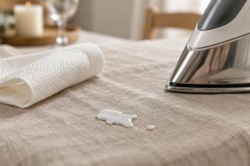 Nappe en lin avec une coulure de cire blanche durcie et un fer à repasser posé à côté