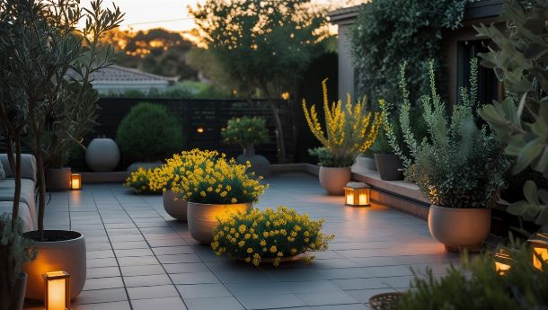 Aménagement extérieur anti-lézards avec plantes répulsives naturelles : citronnelle et eucalyptus dans un jardin paisible