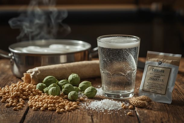 Ingrédients pour brasser de la bière maison : malt d'orge, houblon frais et levure disposés sur table en bois