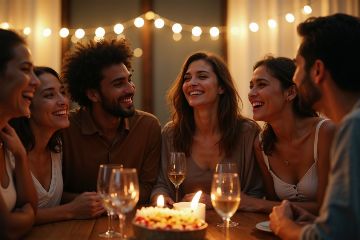 rigolo joyeux anniversaire humour homme Groupe d'amis diverse partageant un moment de rire rigolo spontané lors d'une fête d'anniversaire avec message humour