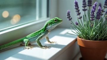 Un lézard vert près d'une plante répulsive naturelle sur un rebord de fenêtre moderne, solution écologique pour éloigner les reptiles