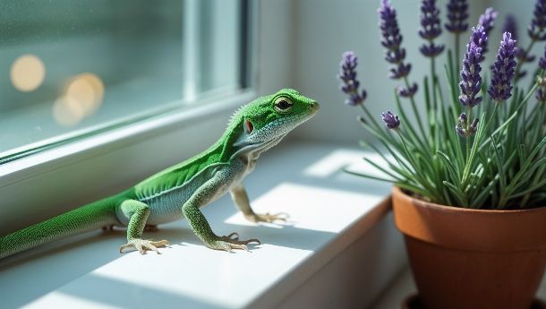 Un lézard vert près d'une plante répulsive naturelle sur un rebord de fenêtre moderne, solution écologique pour éloigner les reptiles
