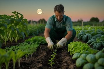 Jardinier repiquant des jeunes plants au potager pendant une période de lune descendante