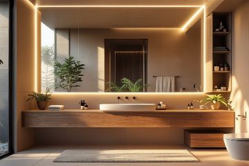 Salle de bain moderne et luxueuse avec meuble vasque suspendu en bois, solutions de rangement intégrées et ambiance zen