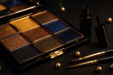 Palette de fards dorés et bleus avec un eye-liner noir et un pinceau fin