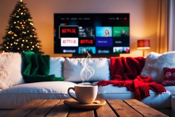 Salon chaleureux décoré pour Noël avec plaid douillet et Netflix à l'écran, ambiance cocooning parfaite pour un film des fêtes