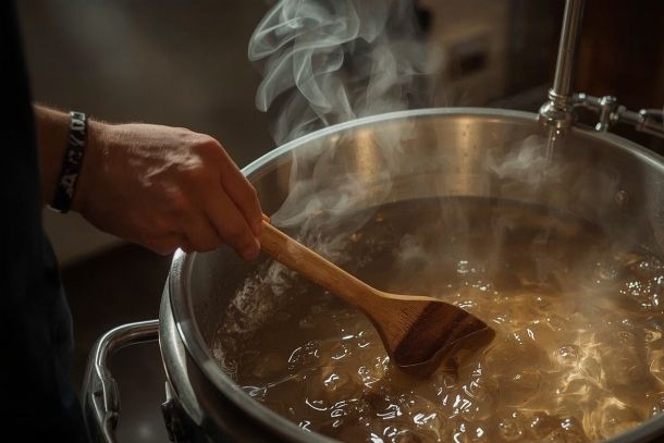Brasseur amateur remuant le moût doré dans une cuve d'empâtage avec équipement de brassage maison