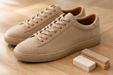 Chaussures en daim beige avec une brosse à daim posée à côté