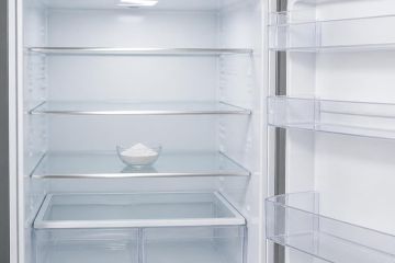 Intérieur de réfrigérateur vide et propre avec une coupelle de bicarbonate sur une clayette
