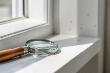 Loupe posée sur un rebord de fenêtre blanc pour observer de minuscules insectes noirs