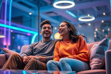 Jeune couple complice riant ensemble sur un canapé, partageant un moment de joie authentique et d'humour dans leur relation