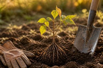 Jeune framboisier en racines nues prêt à être planté dans une terre travaillée