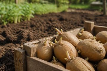 Plants de pommes de terre germés posés sur une terre travaillée avant plantation