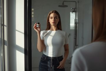 Femme en haut moulant réfléchissant devant miroir avec pollen d'abeille - questionnement tendance TikTok