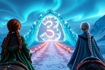 quand va sortir la reine des neiges 3 Anna aux tresses rousses et Elsa à la longue tresse blonde chevauchent de dos vers un pont de glace lumineux, sous un majestueux chiffre 3 de cristal brillant dans le ciel d'Arendelle