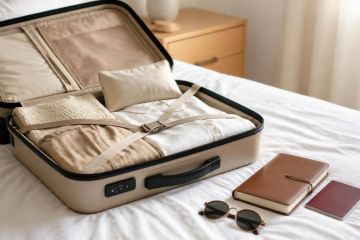 Valise ouverte posée sur un lit avec un carnet de voyage et un passeport à côté