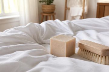 Drap blanc froissé sur un lit avec un savon de Marseille posé à côté