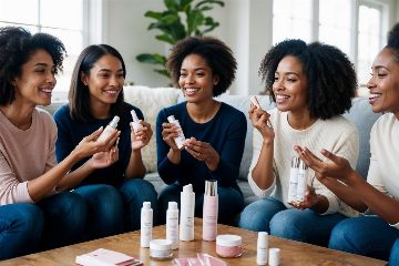 Groupe de testeuses beauté évaluant des produits cosmétiques à domicile, illustrant l'accessibilité et le plaisir des tests produits